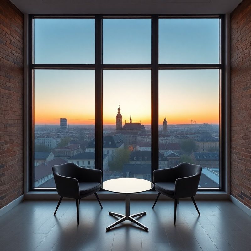 Prywatna sala spotkań z widokiem na panoramę miasta o zmierzchu